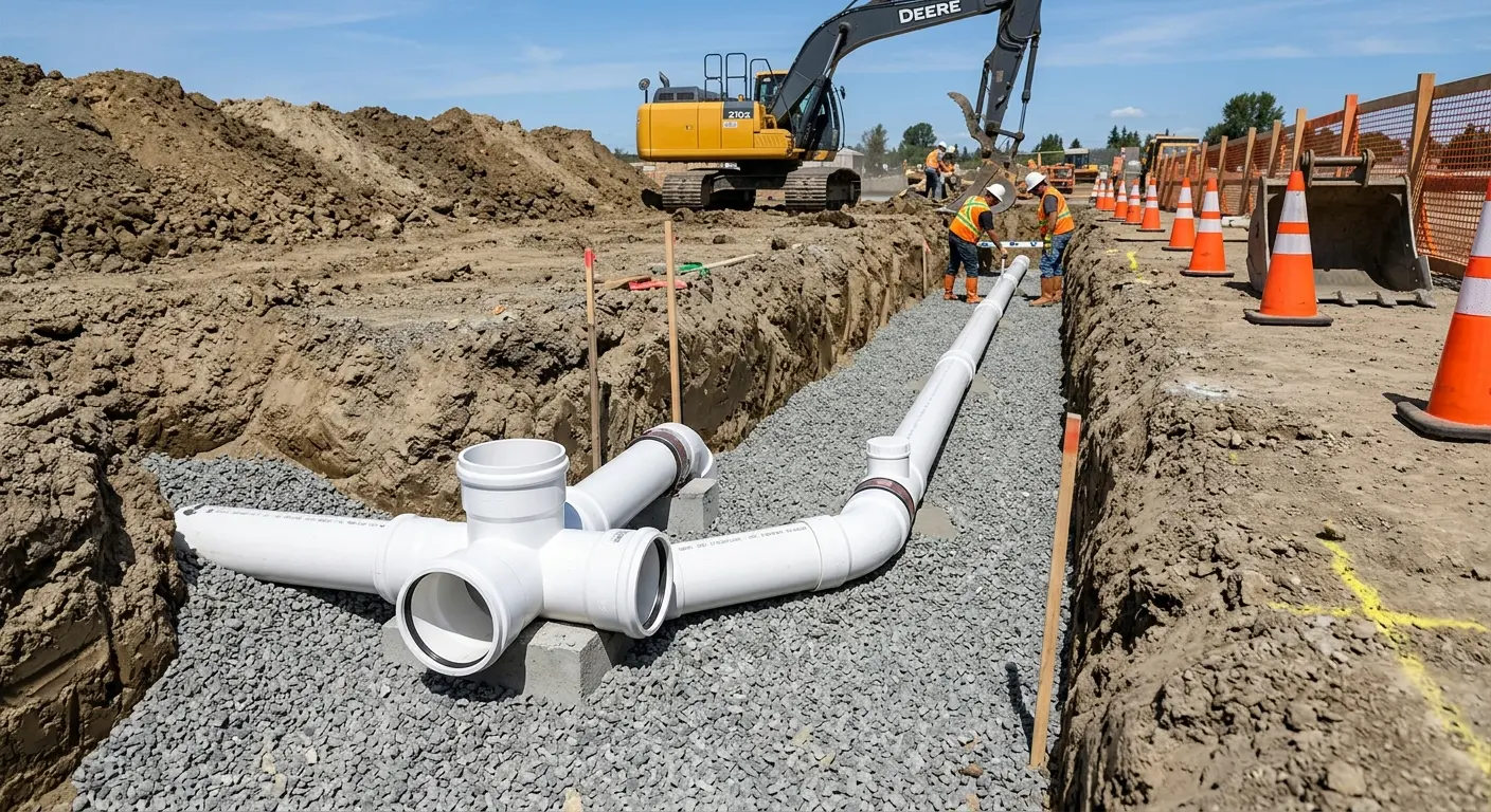 New PVC sewer pipe installation in open trench for Commercial Drain Cleaning in Cherokee