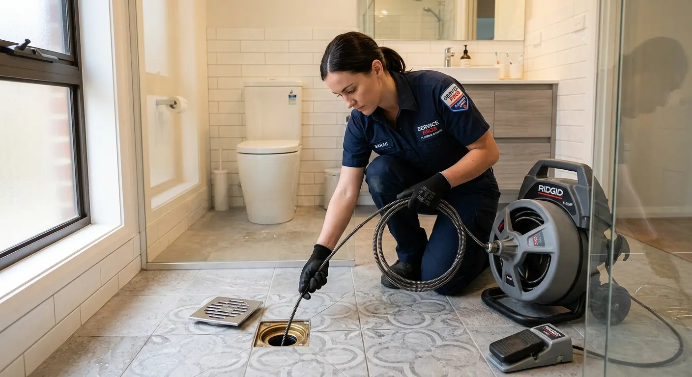 Technician clearing a bathroom floor drain for Clogged Drain Repair in Cherokee